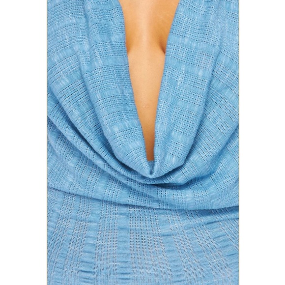 Blue Knit Cowl Neck Hoodie Style Sheer Jumpsuit - Picture 4 of 11